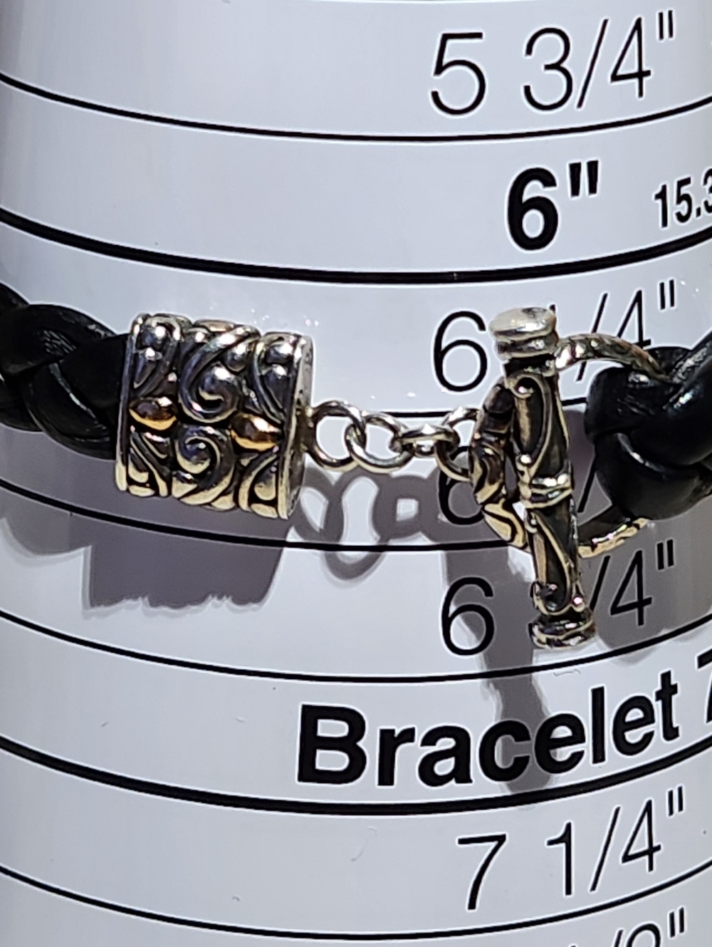 Braided Black Leather Bracelet - Ornate Sterling Silver Toggle 18k Gold Accents